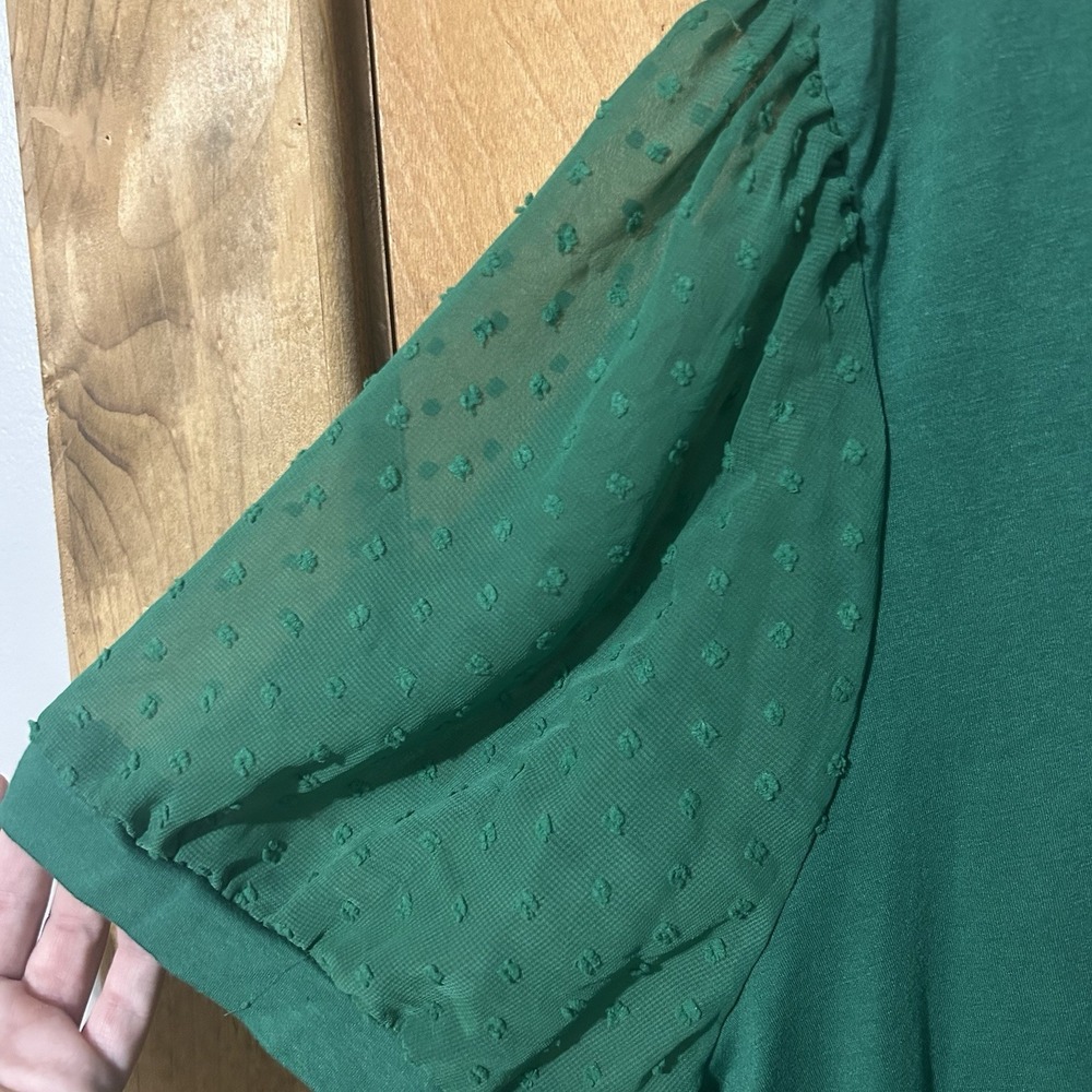 Women V Neck Shirt Short Sleeve Sz 4X Green w/Sheer Arm Sleeves - Picture 2 of 6